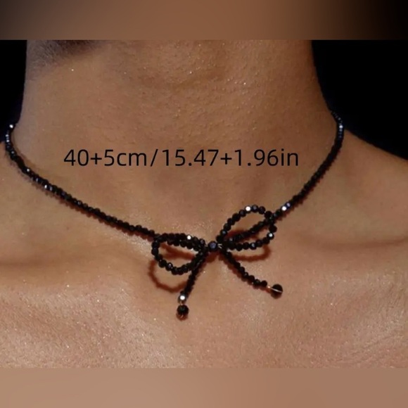 Black Beaded Bow with Gold Detailing Necklace - Picture 5 of 5